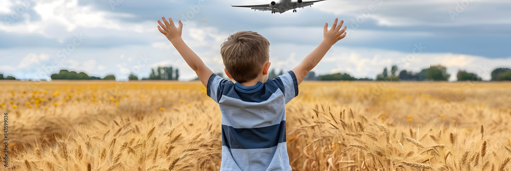 Poster a boy standing in the middle of an endless wheat field with his arms raised. looking up at a plane f