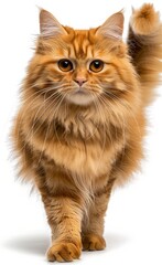 A long haired orange cat walks on a white background