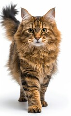 Obraz premium Norwegian Forest Cat with a yellowish orange coat walks on a snowy surface
