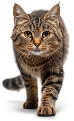 Obraz premium Ocicat cat with a long tail and a striped body walks across a white background