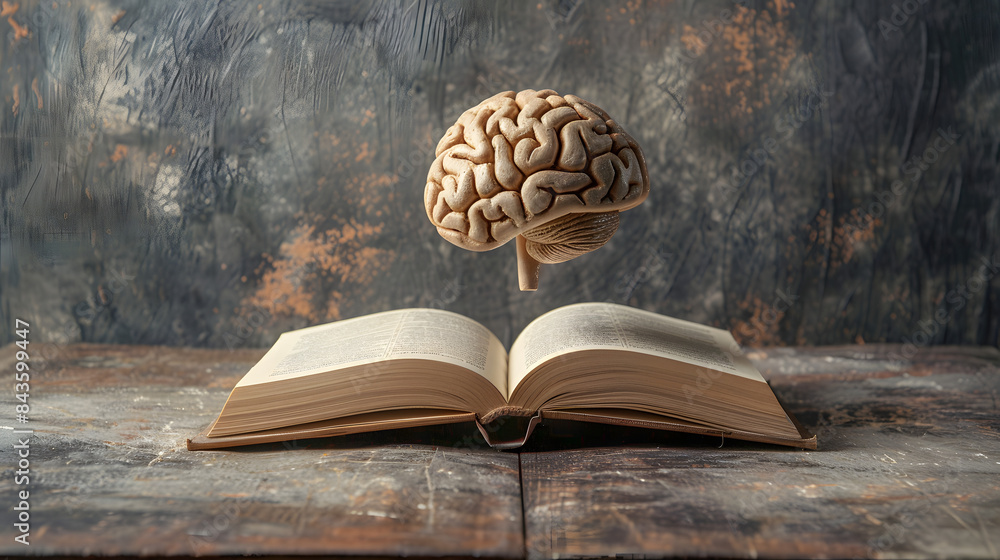Poster a brain floating above an open book. the concept symbolizes knowledge