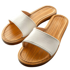 A pair of stylish wooden slide sandals with white straps. Perfect for casual wear, offering comfort and a natural look.