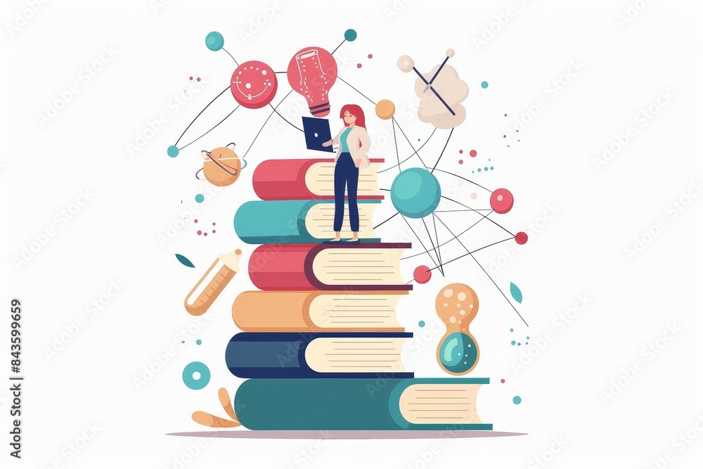Poster innovative learning concept with books and technology - person standing on stack of books with abstr