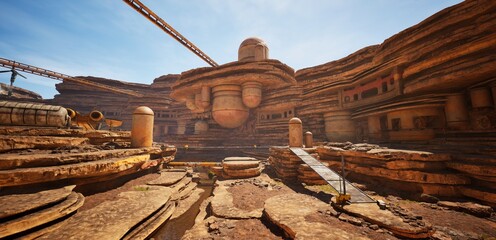 3D illustration of a Sci-fi Outpost on a desert planet with advanced futuristic architecture under a clear sky. © Valeriy