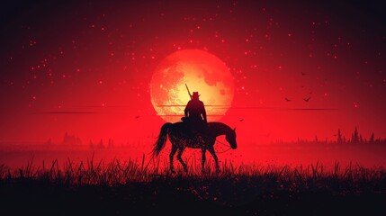 A man is riding a horse in a field with a red moon in the background
