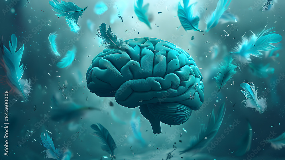 Poster a brain floating with turquoise feathers drifting out from it.