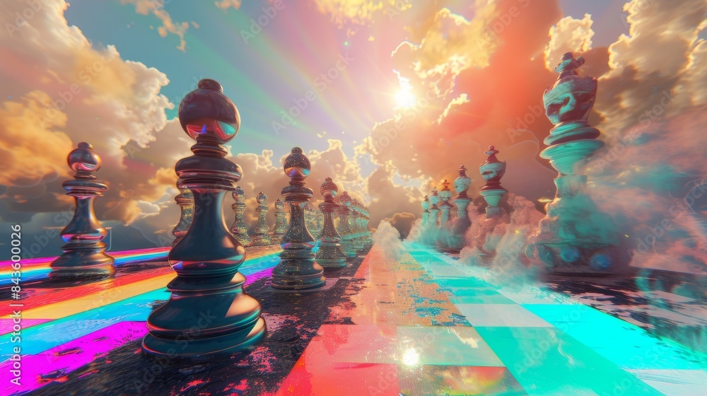 Poster an image of a board game where the gameplay is controlled by a neural network, against the backdrop 