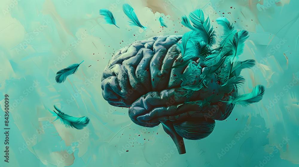 Poster a brain floating with turquoise feathers drifting out from it.