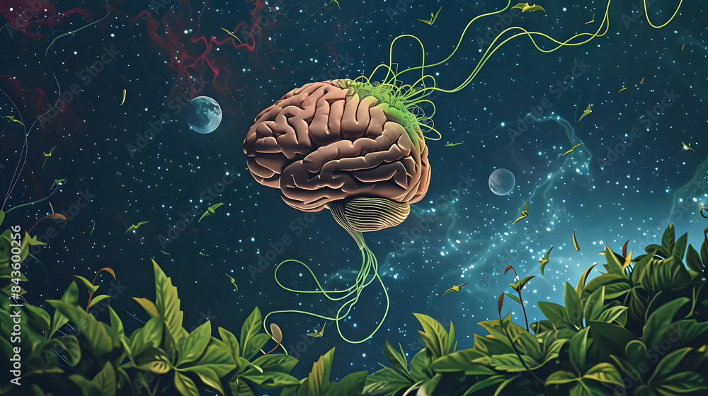 Poster a brain hovering in space with green vines curling out from it.