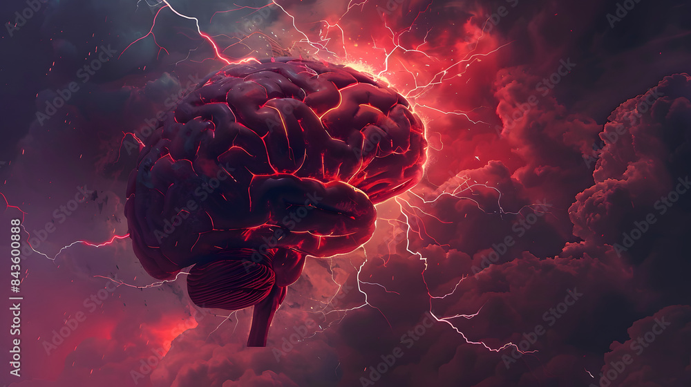 Poster a brain levitating with red lightning bolts shooting out from it.