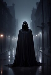A scary figure in a black cloak, a ghost, in a dark foggy city. Halloween concept poster.