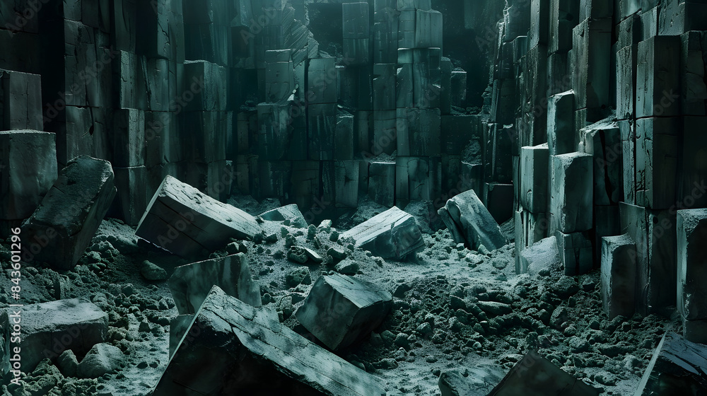 Poster a broken down wall of cement blocks with a vast pit in the center. the background is night-like and 