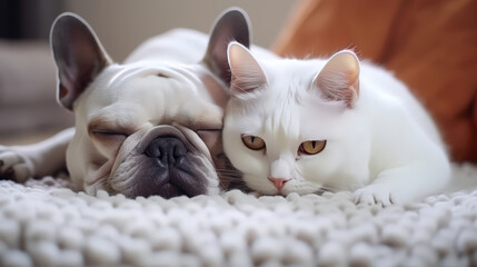 A Portrait sleeping cat and dog together under knitted blanket. Friendship cats and dogs, animals , cute pets. Love the different species of animals