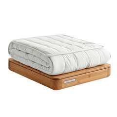 Fototapeta premium White folded comforter on wooden box, showcasing cozy bedding. Ideal for home decor, bedroom setup, comfortable living environments.