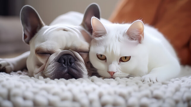 A Portrait sleeping cat and dog together under knitted blanket. Friendship cats and dogs, animals , cute pets. Love the different species of animals