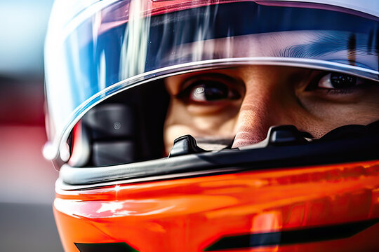 Close up man in helmet is race in track, sprot, car racing.