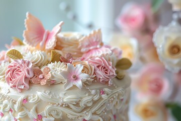 A close-up of a beautifully decorated white cake with pink and white frosting, flowers and butterflies.  Perfect for a birthday or special occasion.