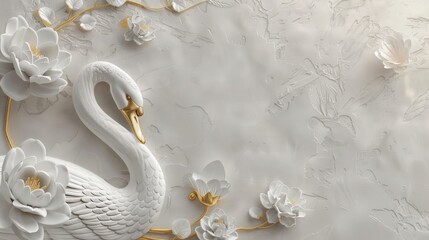 Volumetric Swan with golden elements against the background of a plaster wall