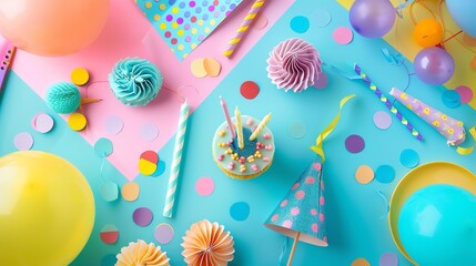Fototapeta premium A colorful birthday party celebration with balloons, confetti, cake, and party supplies.