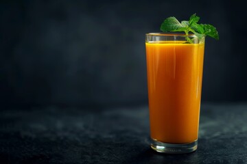 Glass of Orange Juice with Mint Garnish on Dark Background
