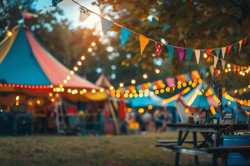 A festive carnival scene with colorful tents, twinkling lights, and a blur of people enjoying the atmosphere.