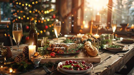 Fototapeta premium A festive table setting with a Christmas tree in the background, complete with a delicious spread of food and drinks.