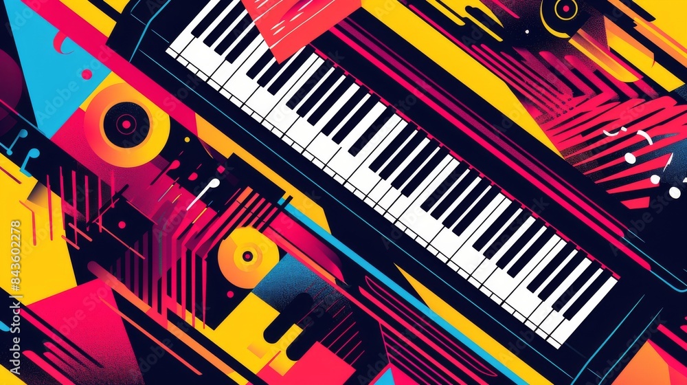 Aufkleber background in the form of geometric shapes in bright colors with the image of a piano and musical ke