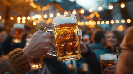 A hand raises a full beer stein in a toast at an outdoor gathering with friends.  The image captures the joy and camaraderie of a festive occasion.