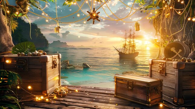 A magical pirate cove at sunset with treasure chests, a ship on the horizon and fairy lights.