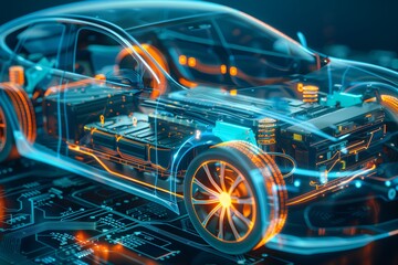 Fototapeta premium Futuristic autonomous car with smart and electric features. Digital design and wireframe , highlighting innovation and environmental sustainability. Perfect for transportation