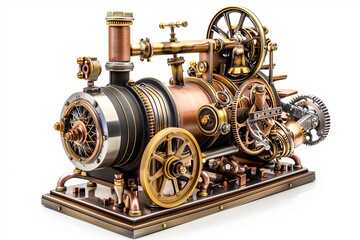 Vintage steam engine model with antique metal parts. Retro and historical machinery, perfect for transportation and agricultural themes. Emphasizing the wheel, cylinder, and