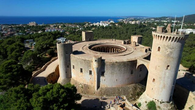 Mallorca (Majorca), Balearic Islands, Spain. high angle drone view of Bellver castle and the city of Palma in the background