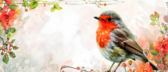 Cheerful Chic Bird Framed in Blooming Garden with Ornate Botanical Border Design
