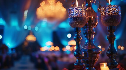 Elegant candle holders with glowing flames against a backdrop of blue and yellow lights at a festive event.