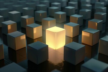 Obraz premium Stand out from the crowd , different creative idea concepts , One luminous opened light box glowing among closed white square boxes on dark background with reflections and shadows. 3D rendering