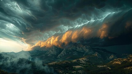 Naklejka premium Towering storm clouds rolling in over a majestic mountain range, casting shadows and bringing a sense of drama and impending weather to the landscape