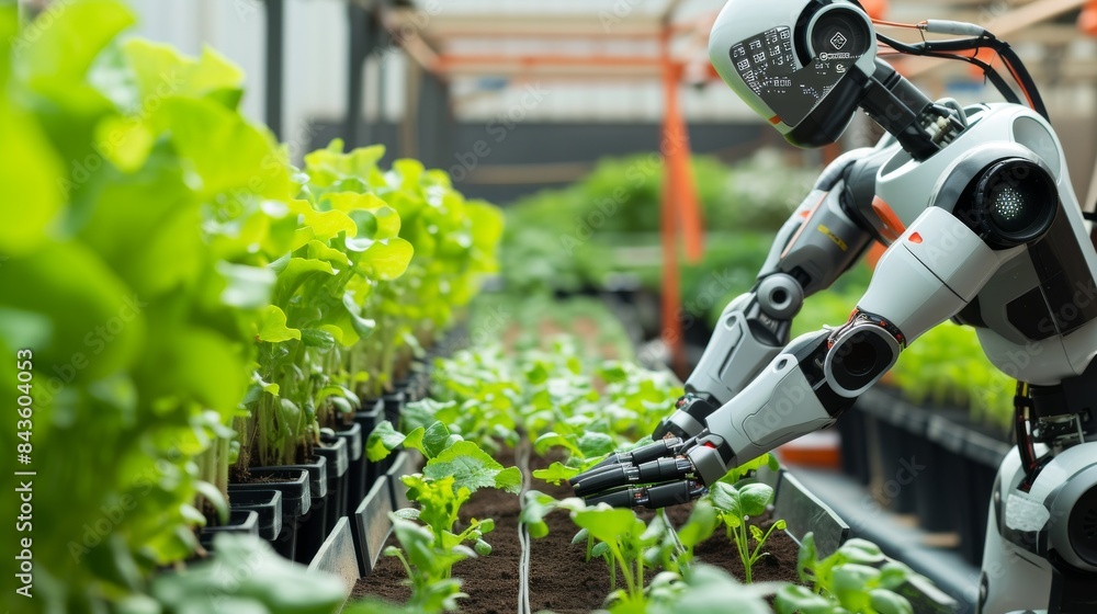 Poster an image of a robotic gardener equipped with neural networks that control photosynthesis, soil moist