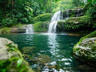 Tranquil waterfall cascading into a crystalclear pool, surrounded by lush greenery and mosscovered rocks, creating a serene and peaceful natural oasis