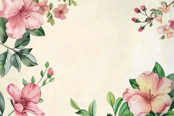 Obraz premium Watercolor floral frame with pink flowers and green leaves on a cream background.