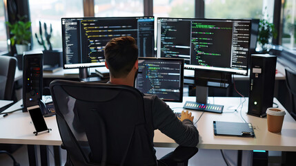 back view software developer in a modern office, sitting at a desk with multiple monitors displaying lines of code.