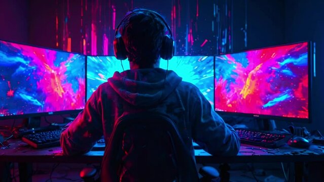 A person is sitting in a dark room in front of three computer monitors. The monitors are displaying colorful abstract images. The person is wearing a headset and a backpack.