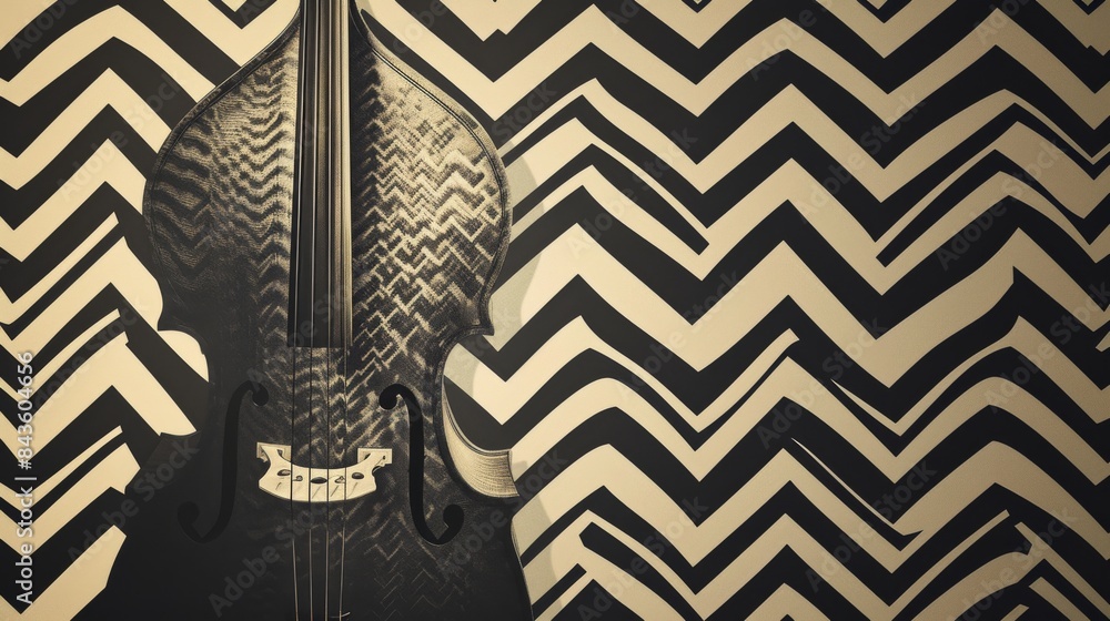 Poster minimalistic background of zigzag lines of various shades with the outline of a double bass. --no te
