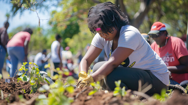 a vibrant community gathering with people of all ages and backgrounds coming together to clean up a local park, embodying the spirit of service and unity celebrated on Nelson Mandela International Day