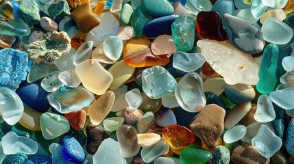 Obraz premium Collection of sea glass and stones. The sea glass is in various colors including blue, green, amber, red, and clear, with some pieces exhibiting a frosted appearance