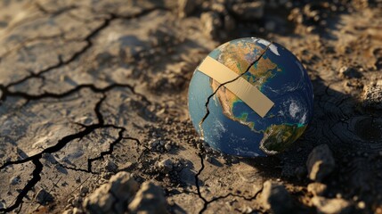 A banner illustrating a cracked Earth with a band-aid, stressing the urgent need for climate healing. 
