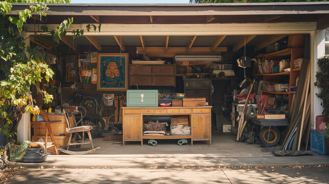 Welttag des Tr&ouml;dels und des Garagenverkaufs altes Zeug verkaufen vor der Garage Sperrm&uuml;ll vor einem Haus Generative AI