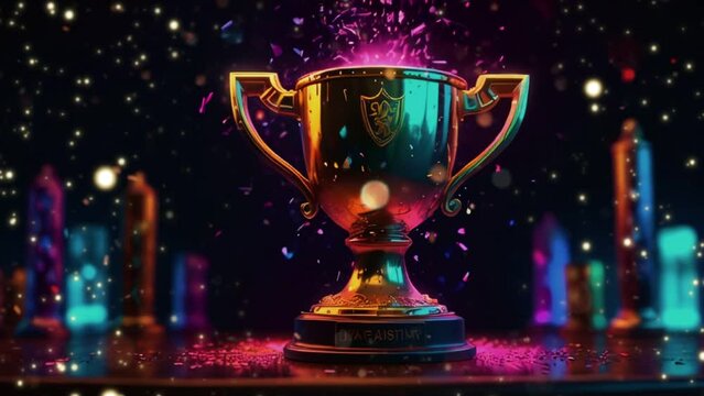 A shiny gold trophy cup is sitting on a table with colorful confetti falling from above and a dark background with bright lights.