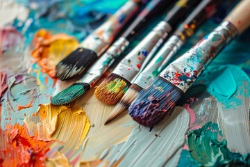 Fototapeta premium Close-up of used brushes resting on an artist's palette adorned with vibrant strokes of oil paint