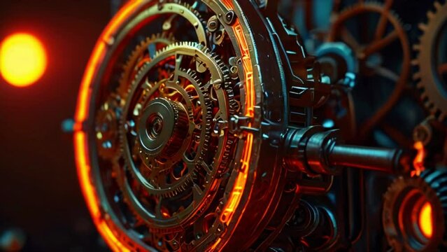 A steampunk style gear mechanism with glowing orange lights.