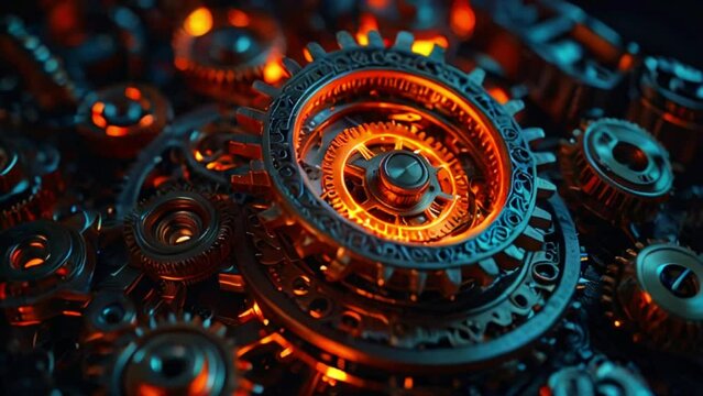 This is a close-up image of a steampunk machine with many gears and cogs. The machine is made of metal and has an orange glow.